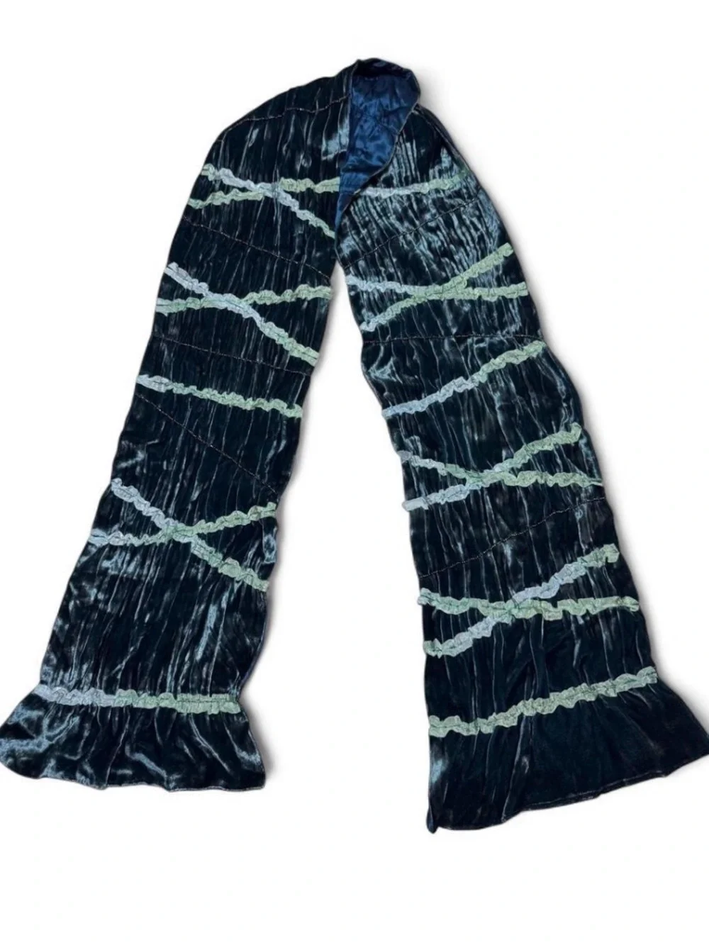 VTG Liz Claiborne Y2K Silk Blend Scarf Blue Teal Beaded Ruffle Trim Satin Wrap